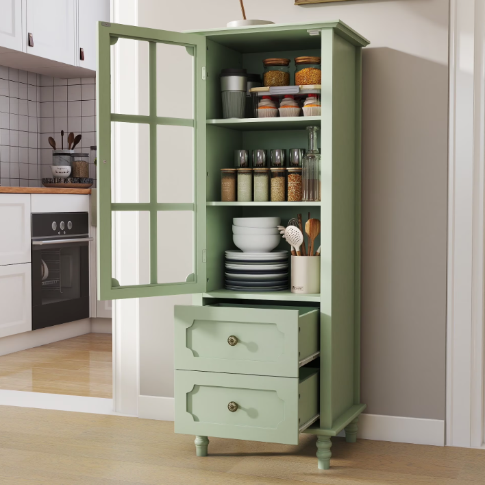 Kitchen Pantry Cabinet with Storage and Glass Doors